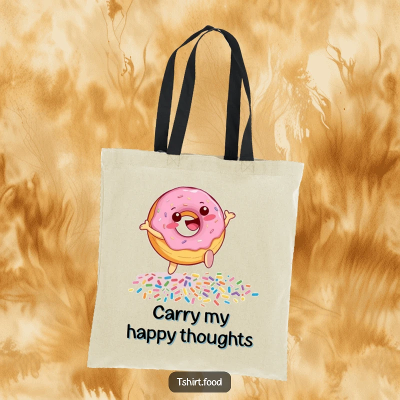 Funny Donut Sprinkle Leap Tote Bag depicting a happy donut character leaping over a pile of sprinkles, a sweet and humorous accessory for shopping.