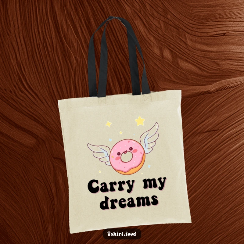 Funny tote bag illustration of a donut with wings soaring through a starry night sky, perfect for carrying treats with a touch of magic.