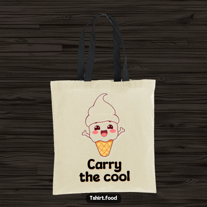 Funny Tote Bag showcasing an excited ice cream cone character wearing a cone hat, perfect for carrying daily necessities with glee.