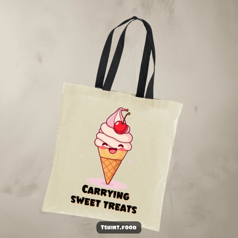 Funny Tote Bag: A delighted ice cream cone spins playfully with its cherry wobbling, perfect for carrying treats with flair.