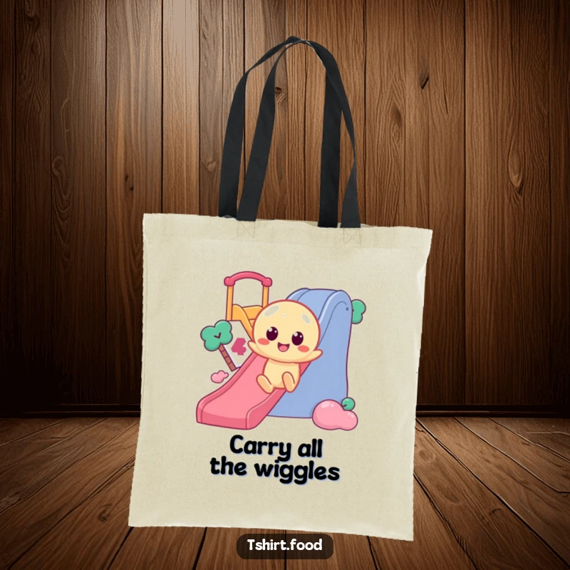 Funny Jelly Slide Tote Bag depicting a wobbly jelly character with round eyes, sliding enthusiastically down a slide, a humorous accessory.