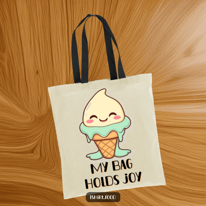 Funny happy ice cream cone character melting slightly with a wide, silly smile, on a tote bag. Fun for shopping.