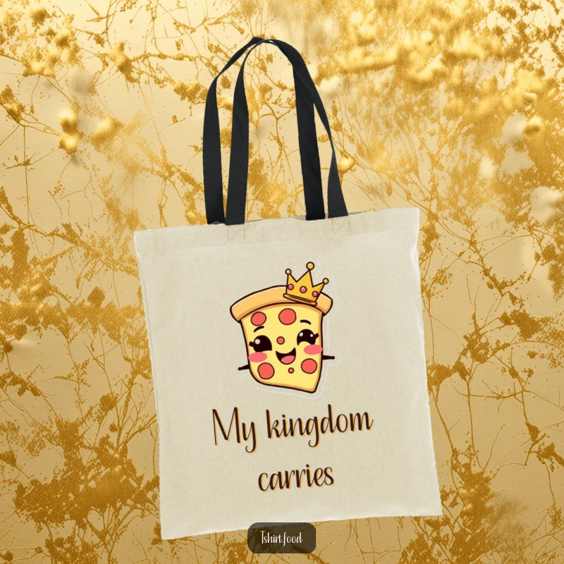 Funny Tote Bag with a grinning pizza slice character wearing a tiny crown, perfect for carrying your daily feast with flair.