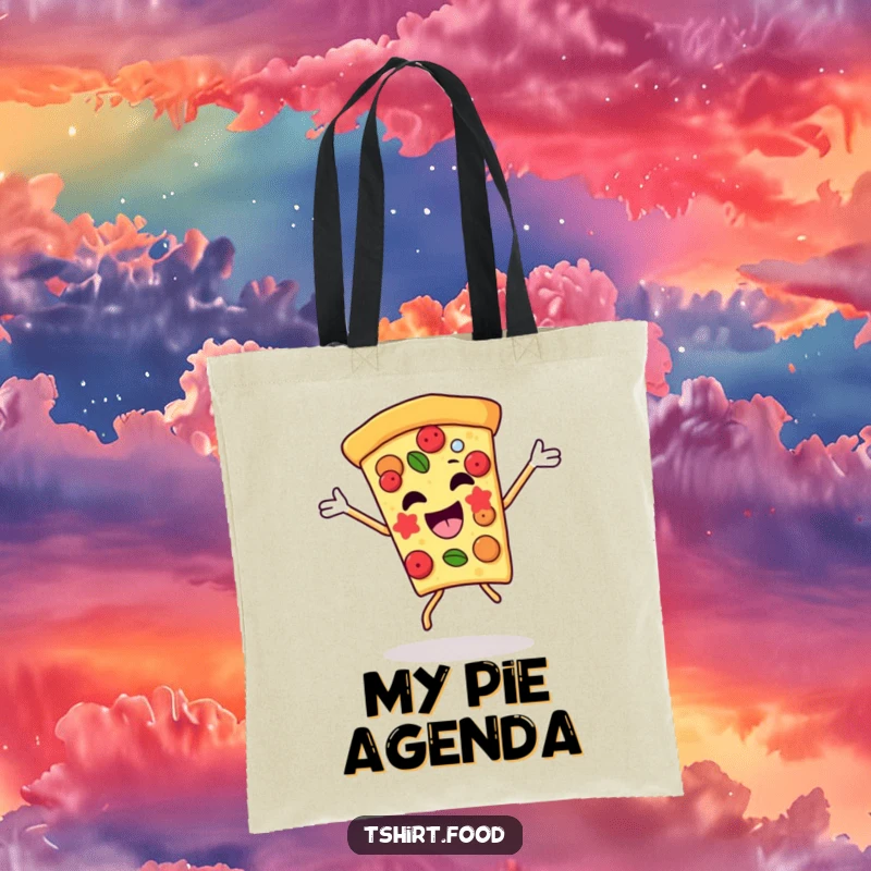 Funny pizza slice tote bag captured mid-victory dance, its toppings adding to the festive, energetic scene. Ideal for shopping fun.