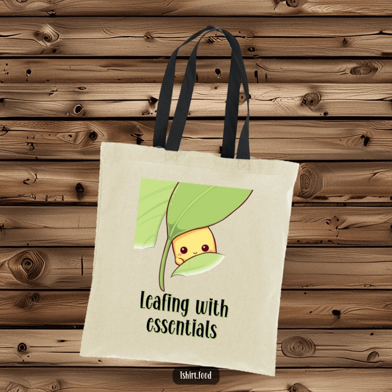 Funny shy banana tote bag with a fruit peeking from behind a leaf, ideal funny gift.