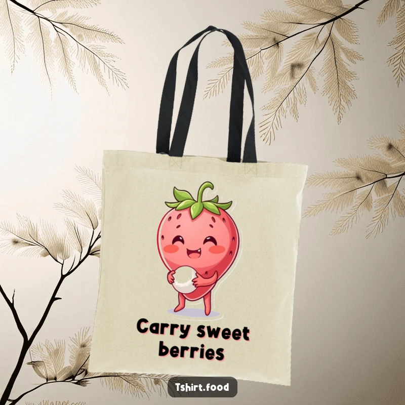 Funny Strawberry Tote Bag: A smiling strawberry character bounces a tiny ball, perfect for carrying items with a dose of fruity delight.