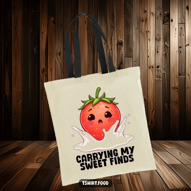 Funny surprised strawberry blushing as it falls into a milk splash tote bag, a cute blushing strawberry landing in creamy milk, perfect for funny use.