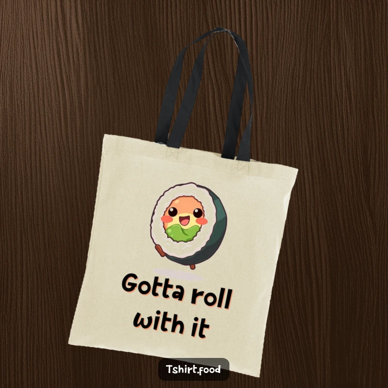 Funny Tote Bag: A delightful illustration of a smiling sushi roll performing a dynamic cartwheel, full of life.