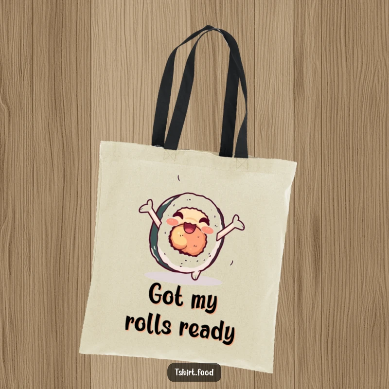 Funny sushi tote bag showing a happy sushi roll with arms doing a cartwheel, ideal for carrying essentials.