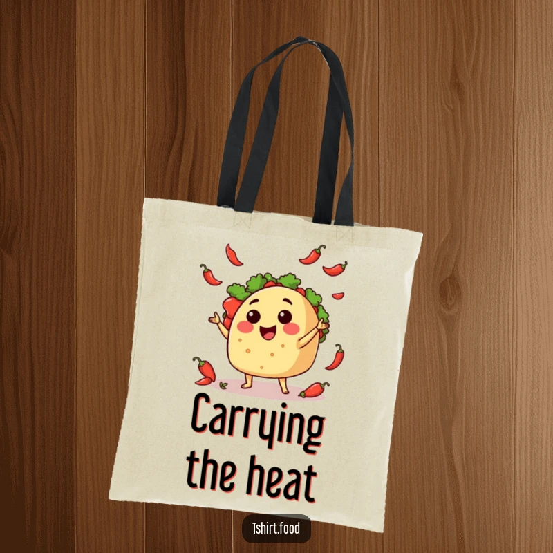 Funny Tote Bag: A delightful illustration of a smiling taco expertly juggling small red chili peppers, full of life.