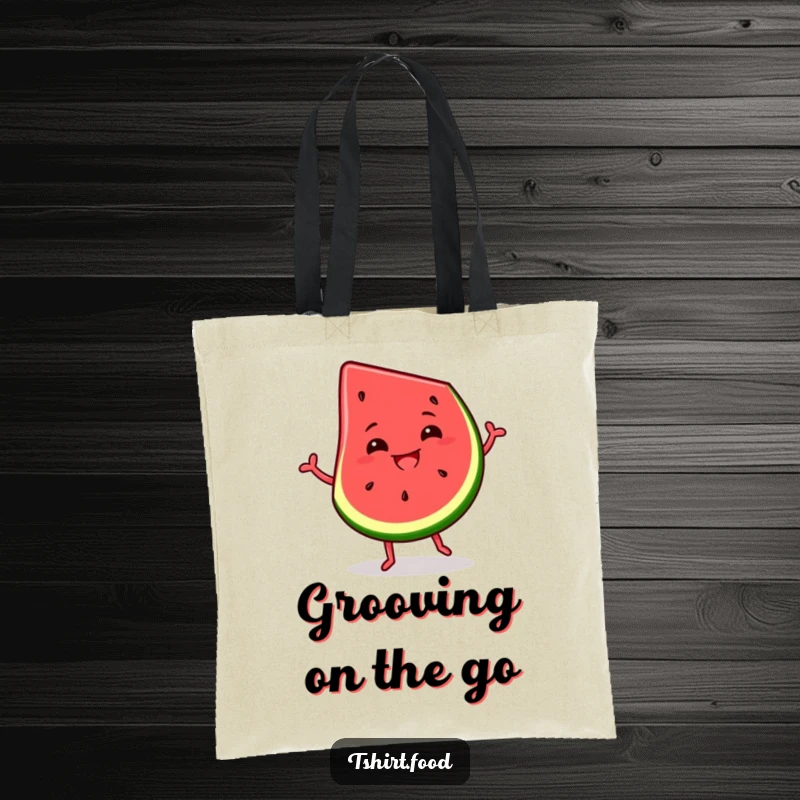 Funny tote bag illustration of a slice of watermelon dancing with a silly grin, ready to hold your summer essentials.