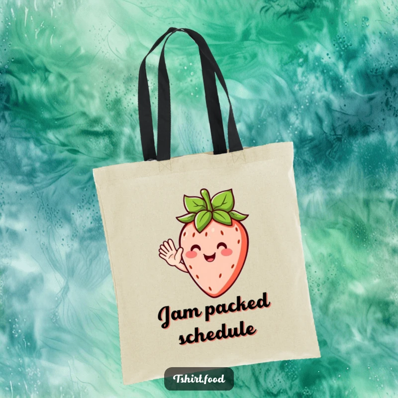 Funny tote bag featuring a smiling strawberry character with leafy hair, giving a cheerful and humorous wave to passersby.
