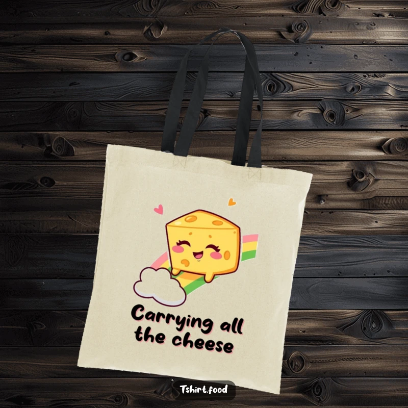 Funny Winking Cheese Wedge Tote Bag, depicted sliding gleefully down a rainbow, a symbol of playful, cheesy fun.