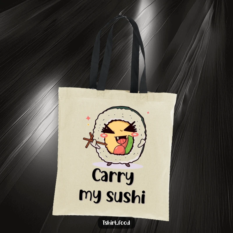 Funny tote bag illustration of a winking sushi roll character juggling chopsticks, perfect for shopping trips with a hint of Japanese food humor.