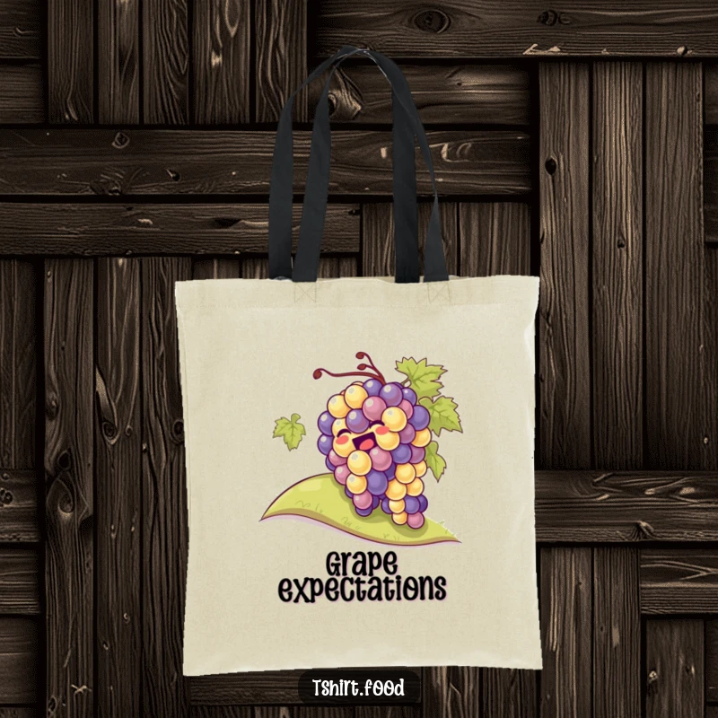 A giggling bunch of grapes rolling down a hill on a durable tote bag, a fun and practical accessory.