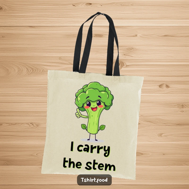 Funny broccoli character giving a thumbs up, balancing on its stem, printed on a durable tote bag. Practical and humorous.