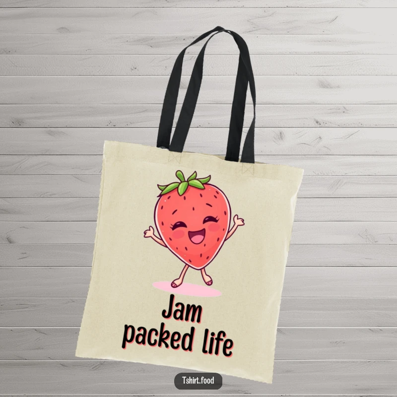 Funny Tote Bag: A giggling strawberry character in a silly dance, perfect for carrying daily essentials with flair.