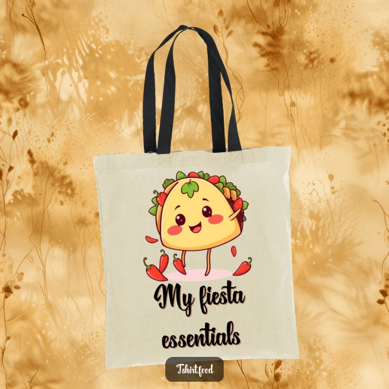Funny juggling taco tote bag featuring a smiling taco with legs juggling chili peppers, a vibrant and humorous accessory.