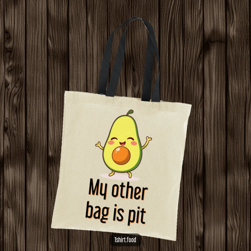 Funny tote bag illustrating a winking avocado character enthusiastically performing a happy jig, showcasing its fun-loving and quirky nature.