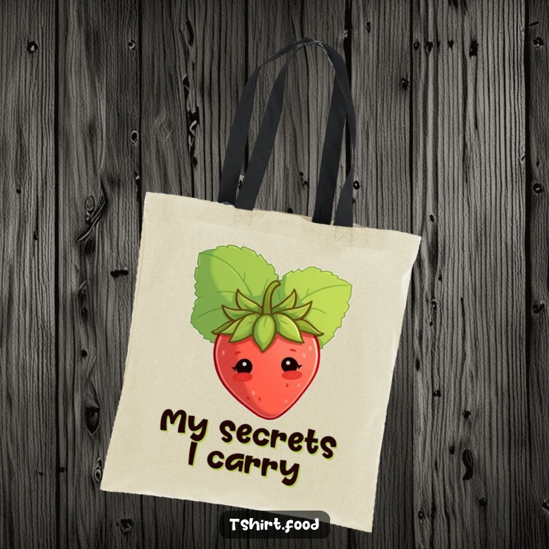 Funny shy strawberry tote bag, peeking from behind a leaf, perfect for carrying essentials with cute humor. Great funny gift.