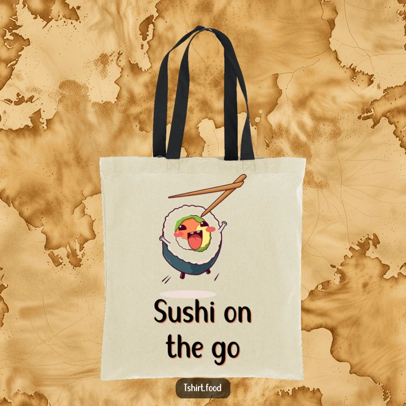 Funny Sushi Cartwheel Tote Bag illustrating an excited sushi roll executing a cartwheel, a vibrant and humorous accessory for daily use.