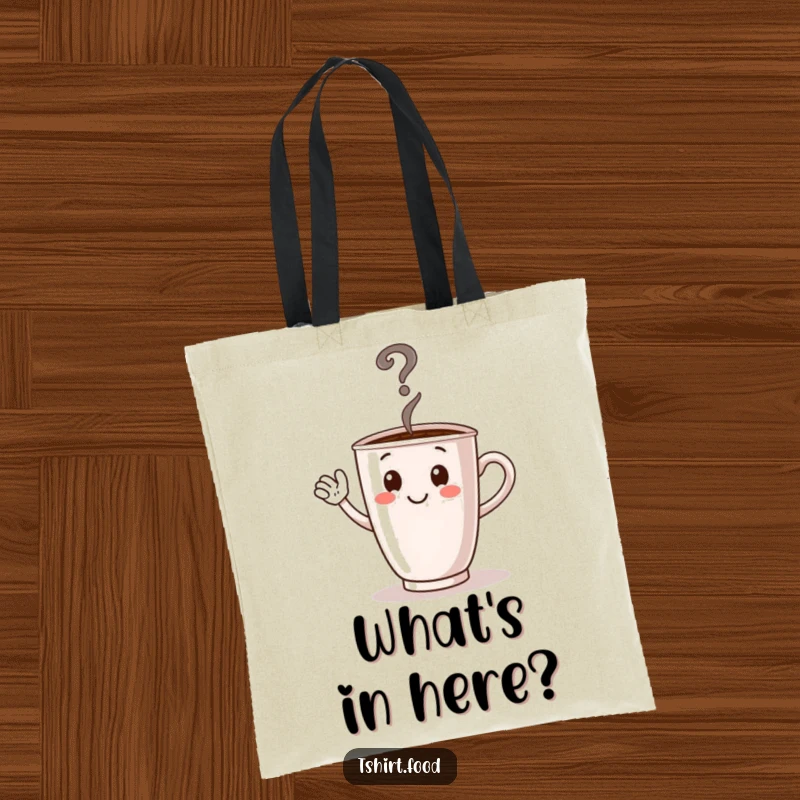 Funny waving coffee cup tote bag with steam shaped like a question mark, a whimsical accessory for carrying essentials.